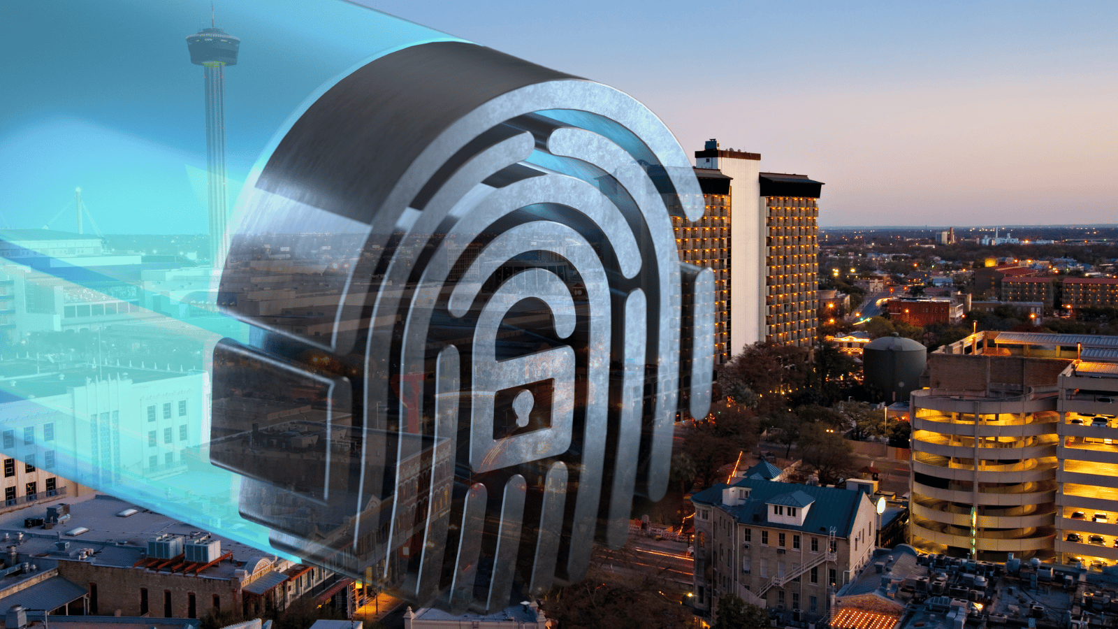  An image of the San Antonio skyline with a digital firewall overlay protecting it. 